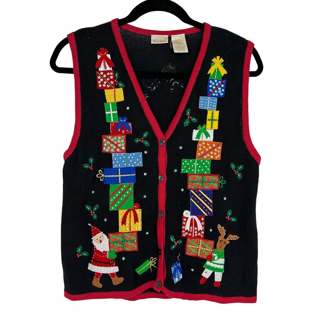 Bobbie Brooks Womens M Vest Santa Reindeer Beaded Sequins Christmas Sweater